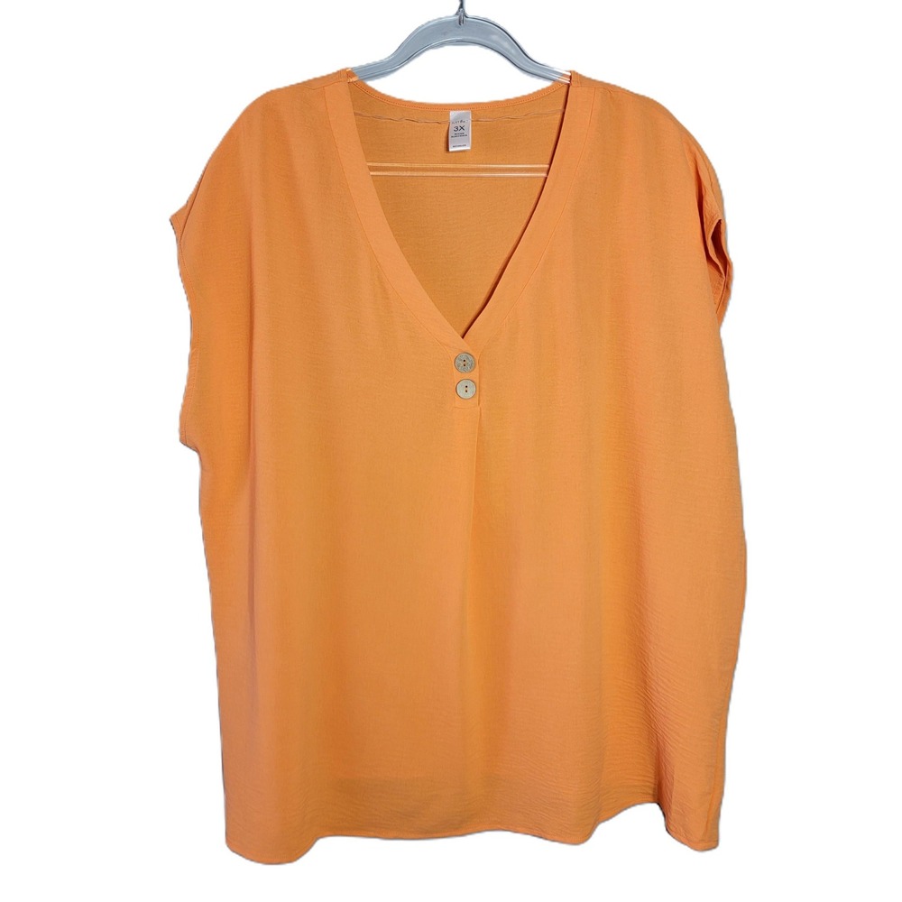 JUST BE Womens 3X Orange V Neck‎ Short Sleeve Button Accent Top Blouse
